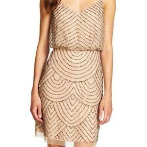 Adrianna Papell Nude Sheer Art Deco Beaded Mesh Blouson Mini Dress size 12 Large